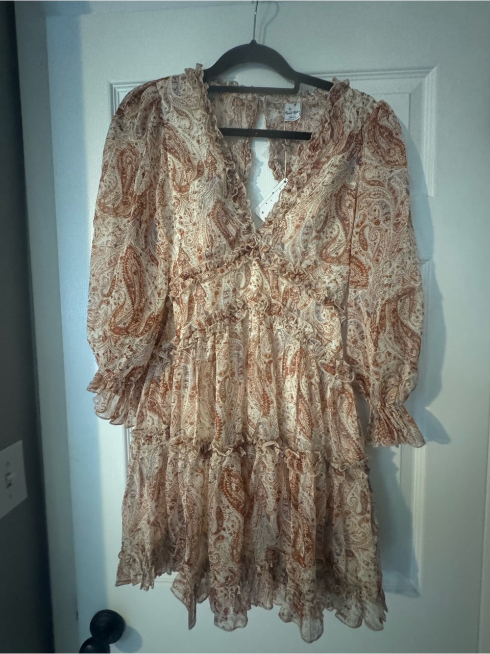 Angel Biba Cream & Rust Paisley Long Sleeve Tiered Dress